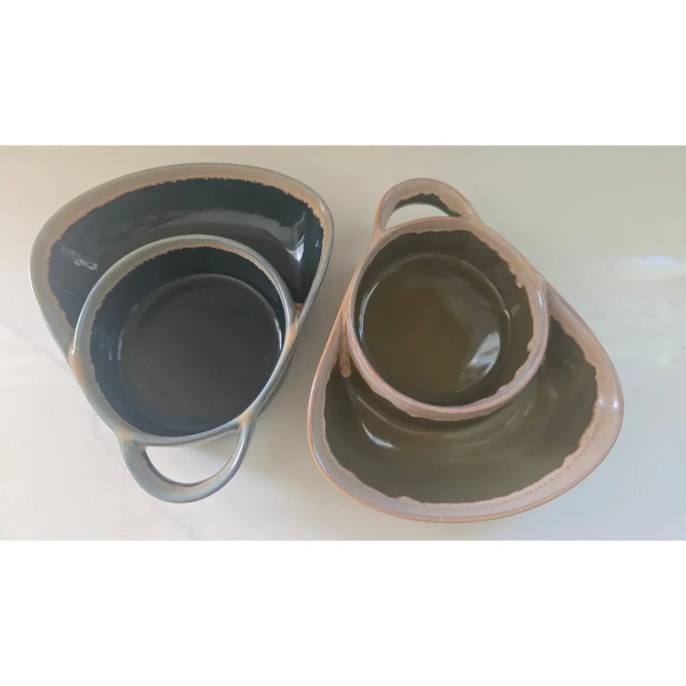 LTD Commodities Stoneware Chip and Dip Bowls Set of 2 Black‎ Olive Green Rustic